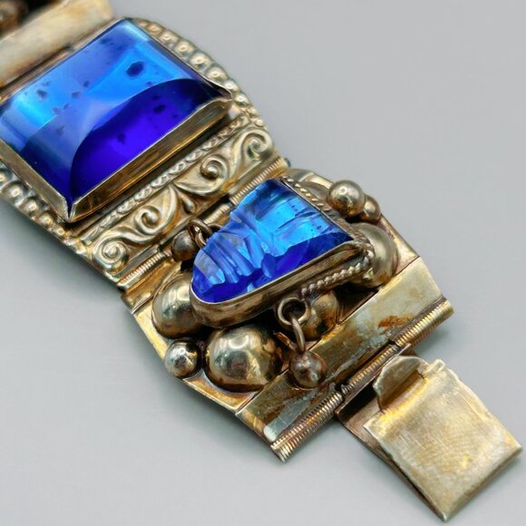Vintage Mexican Sterling Silver Bracelet with Blue Stones | Hinged 0925 AR - Picture 8 of 11
